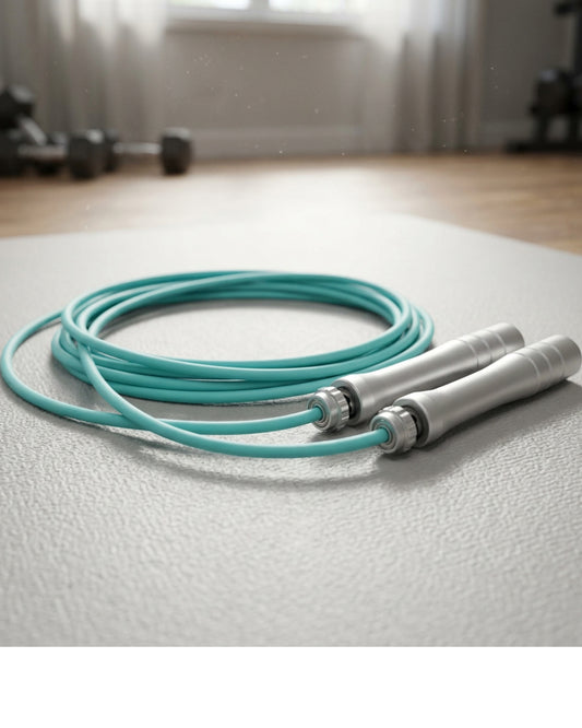 Zovae Glidewire TPU-Coated Steel Jump Rope Adjustable to 9.5 ft Aqua Silver - Lifestyle view