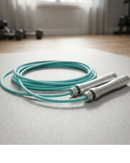 Zovae Glidewire TPU-Coated Steel Jump Rope Adjustable to 9.5 ft Aqua Silver - Lifestyle view