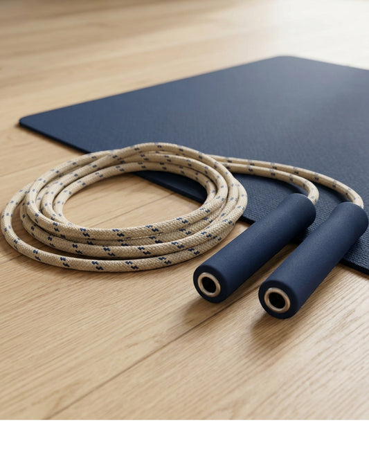 Zovae Loomstep Braided Cotton Blend Jump Rope 9 ft Sand Navy - Lifestyle view